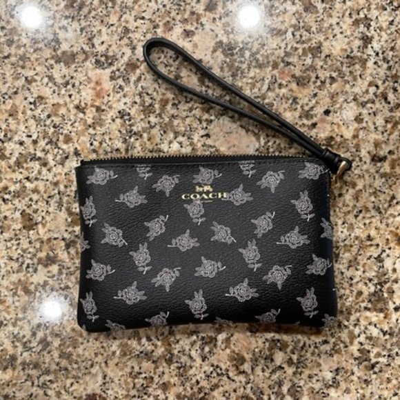 Coach Handbags - NWOT!! Coach Black Flower Floral Rose Wristlet Wallet ID Holder Coin Purse
